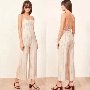 Reformation Jager Striped Open-Back Natural Linen Jumpsuit – Size 4